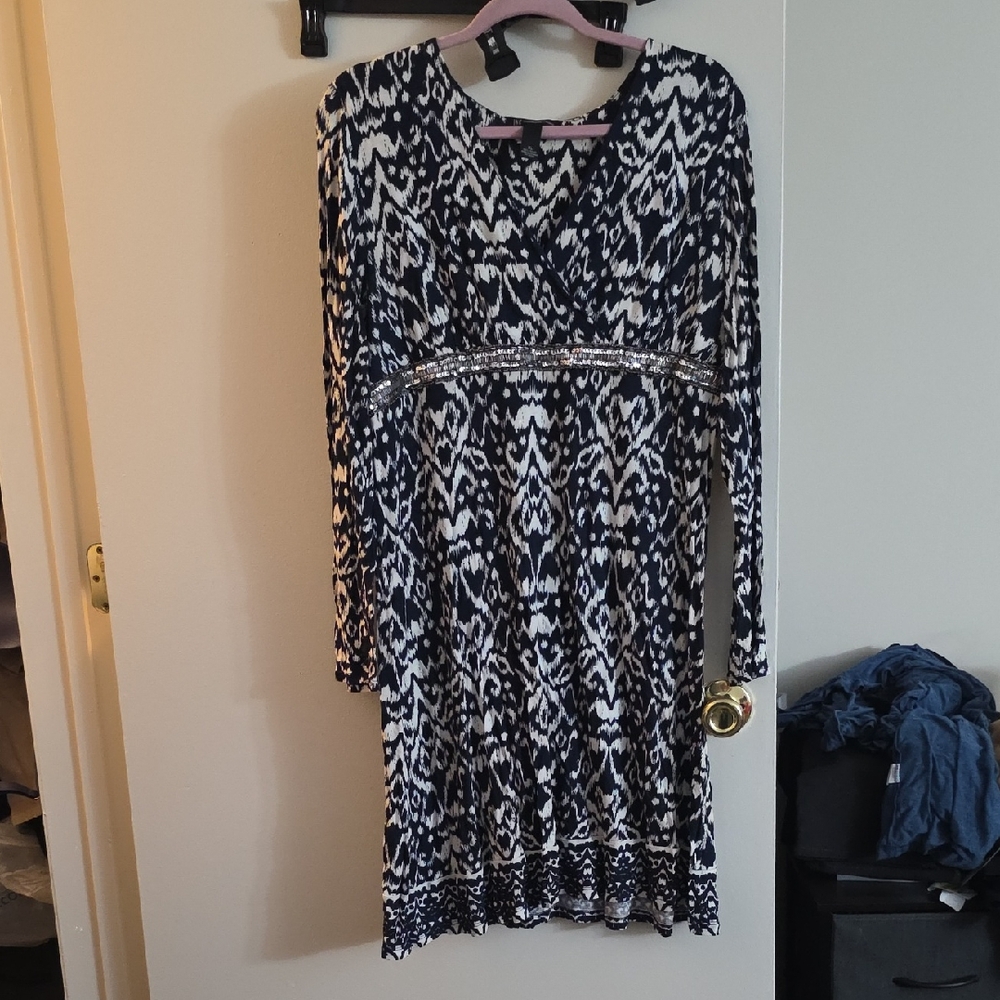 INC International Concepts Navy and White Patterned Long Sleeve Dress